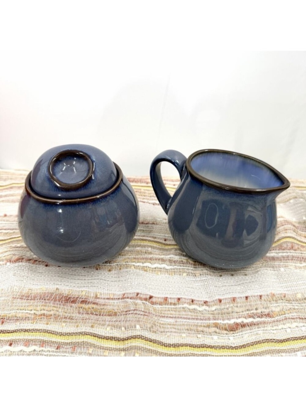 Sango Visions Eggplant Blue with Brown Rim Ceramic Creamer & Sugar Set